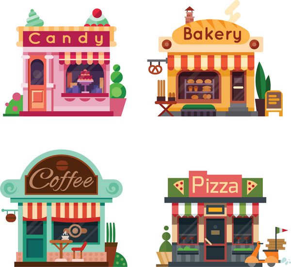 مجموعه ای از مغازه های خوب ویترین های مختلف نانوایی فروشگاه آب نبات کافه پیتزا قهوه مجموعه ای از آیکون های مجموعه ای از آیکون ها