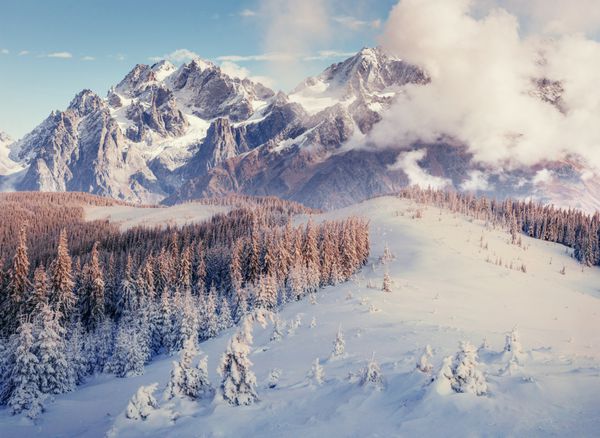 چشم انداز زیبا از کوه های با شکوه در زمستان برف جادویی درختان را پوشانده است کارت پستال عکس