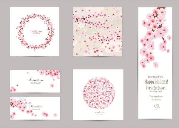 مجموعه ای از کارت های تبریک با شکوفه sakura برای طراحی شما بافت بدون درز با الگوی گل ژاپنی