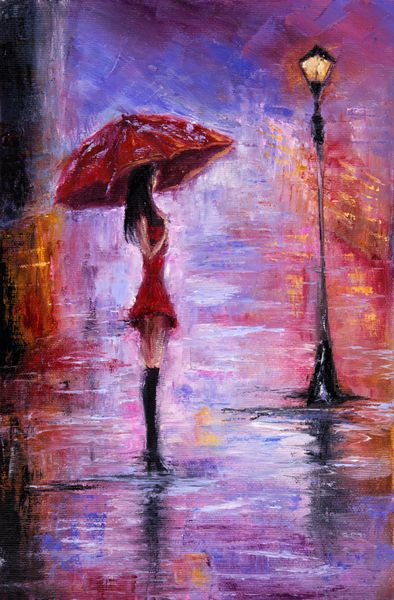 اصلی روغن نقاشی نمایش زن جوان زیبا در قرمز نگه داشتن چتر قرمز نزدیک چراغ خیابانی روی بوم امپرسیونیسم مدرن مدرنیسم marinism