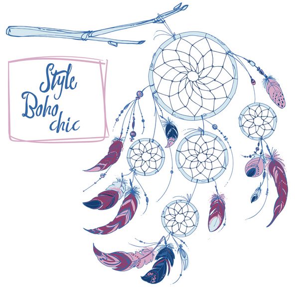 Dreamcatcher مجموعه ای از زیور آلات پر و مهره شکارچی رویای هند بومی آمریکایی نماد سنتی پرها و مهره ها در پس زمینه سفید عناصر تزئینی عناصر هیپی
