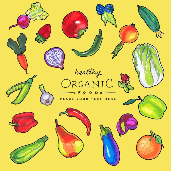 قلم مارک رنگارنگ کشیده سبزیجات و میوه ها طراحی کارت غذای آلی