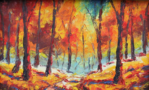 جنگل اصلی جنگل با برگ های زرد در بوم آثار هنری Impasto هنر امپرسیونیسم