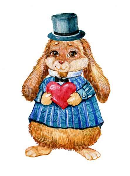 خرگوش daycute ولنتاین با آبرنگ heartillustration کارت پستال vintage