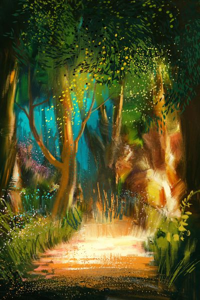 مسیر جنگل زیبا در صبح نقاشی تصویر