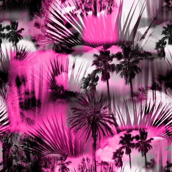 الگوی بدون درز یکپارچهسازی با سیستمعامل در پس زمینه گل درختان نخل در پس زمینه صورتی رنگارنگ عکس کلاژ کلیپ هنری با تمرکز آفتاب و لایه اثر