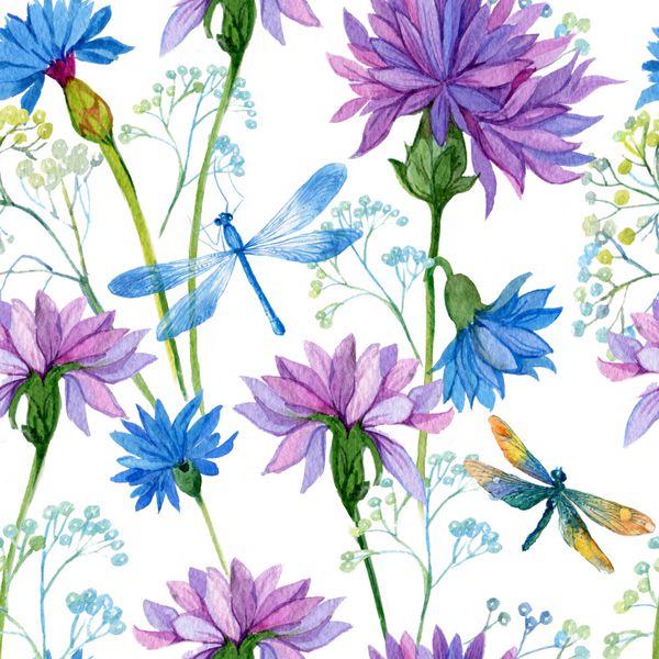 الگوی بدون درز گل آبی رنگ آبی و dragonflieswallpaper