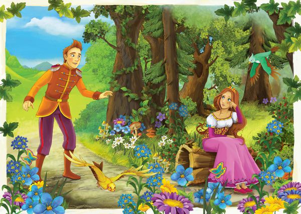 شاهزاده و شاهزادگان در جنگل صحنه عاشقانه تصویر برای کودکان