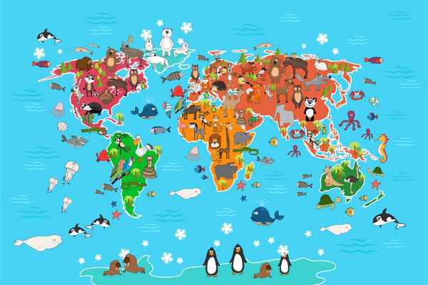 نقشه جهان با حیوانات میمون و خارپشت خرس و کانگورو پاندای گرگ و پنگوئن و طوطی حیوانات جهان نقشه برداری تصویر برداری در سبک کارتونی