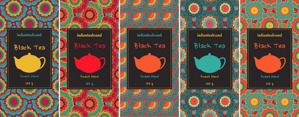 مجموعه کارت یا بسته چای با زیور آلات قومی سبک هند شرقی الگوهای دست کشیده با عناصر گرد