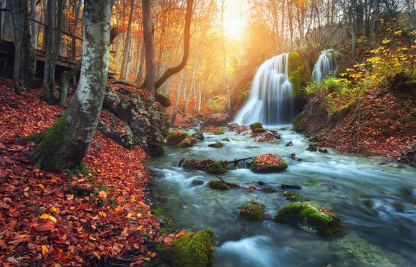 آبشار زیبا در رودخانه کوه در جنگل پاییز رنگارنگ با برگ های قرمز و نارنجی در غروب آفتاب چشم انداز طبیعت