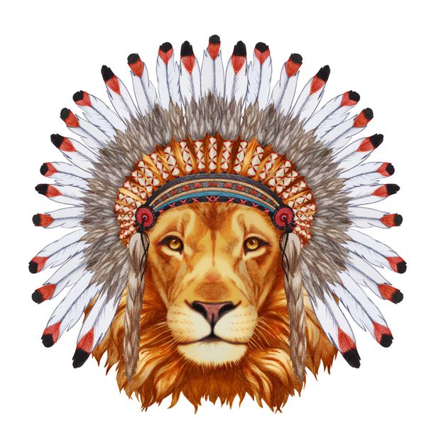 پرتره شیر در کلاه پادشاه جنگ تصویر دست کشیده شده به صورت دیجیتال رنگی