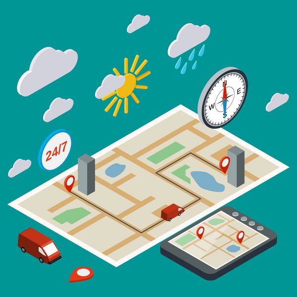 ناوبری موبایل حمل و نقل تدارکات نقشه شهر مسطح 3D ایزومتریک مفهوم Infographic مدرن وب