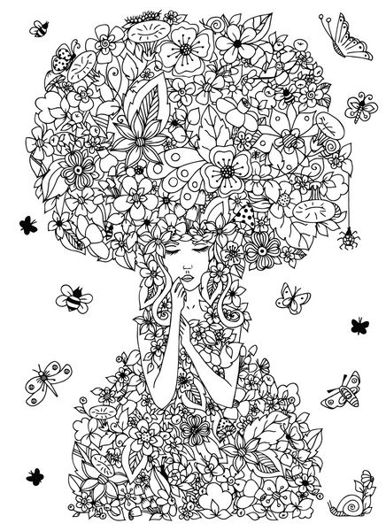 تصویر برداری یک دختر با گل در سر خود را در رنگ zentangl dudling هنر دودل هنر zen خانم از چهره جلو سیاه و سفید کتاب رنگ آمیزی بزرگسالان جنگل ضد استرس