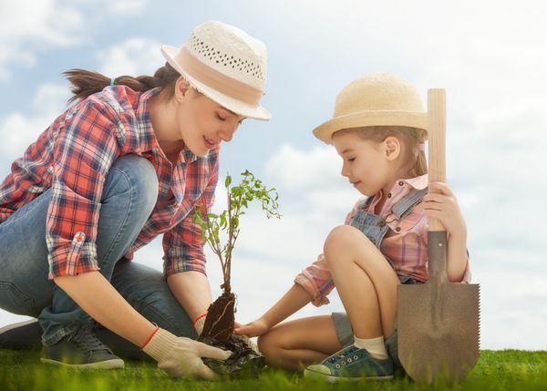 مامان و فرزندش دختر درخت گیاهان نهال مفهوم بهار طبیعت و مراقبت