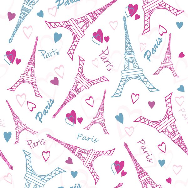 بردار برج ایفل برج پاریس عشق صورتی طراحی الگوی بدون درز با قلب های عاشقانه ایده آل برای سفر طراحی مضمون محصولات کیسه لوازم جانبی چمدان لباس