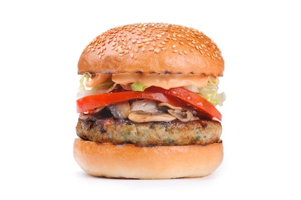 برگر همبرگر بزرگ خوشمزه با قارچ جدا شده بر روی زمینه سفید