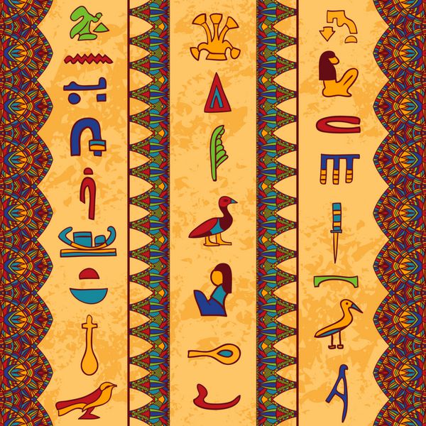 تزئینات رنگی مصر با یونانی های مصر باستانی و مرز زینت هندسی گلدار در پس زمینه کاغذ قدیمی الگوی برداری بدون درز دست کشیده شده تصویر