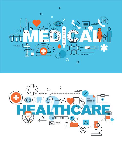 مجموعه ای از مفاهیم تصویر برداری مدرن از کلمات پزشکی و مراقبت های بهداشتی آگهی های طراحی خط تخت برای وب سایت و وب سایت تلفن همراه آسان برای استفاده و بسیار قابل تنظیم است