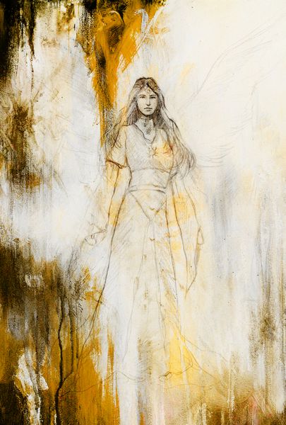 نقاشی از زن فرشته عرفانی در لباس تاریخی زیبا