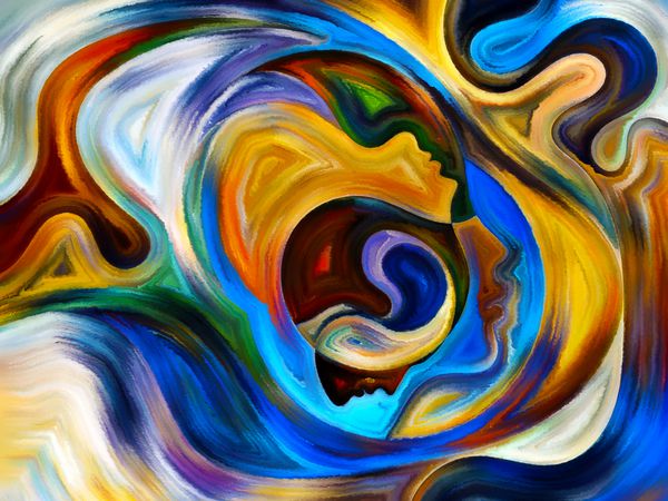 رنگ های سری ذهن ترکیب عناصر چهره انسان و شکل انتزاعی رنگی با ارتباط استعاری به ذهن ذهن فکر عاطفه و معنویت
