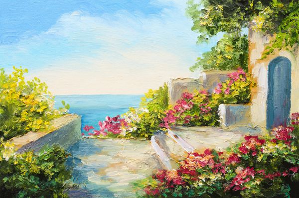 نقاشی روغن خانه در نزدیکی دریا گل های رنگارنگ چشم انداز دریایی تابستان
