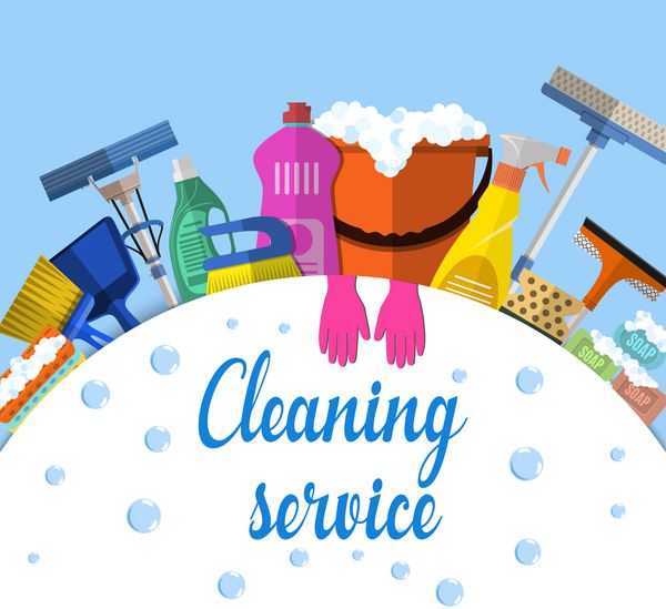 تمیز کردن خدمات مسطح قالب پوستر برای خدمات تمیز کردن خانه با ابزارهای مختلف تمیز کردن علامت کف مرطوب سطل موپ اسفنج قلم مو محصول پاک کننده تصویر برداری