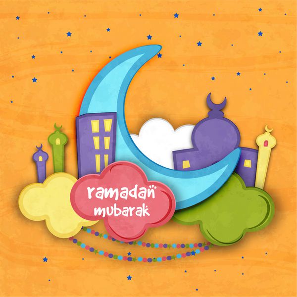 کتاب خلاق آبی هلال ماه با مسجد بر روی ابرهای رنگارنگ برای ماه مقدس جامعه مسلمان جشن ماه مبارک رمضان