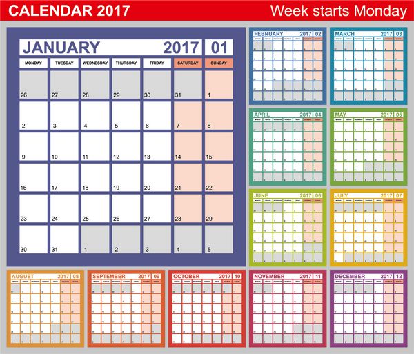 تقویم برای 2017 هفته آغاز می شود دوشنبه بردار