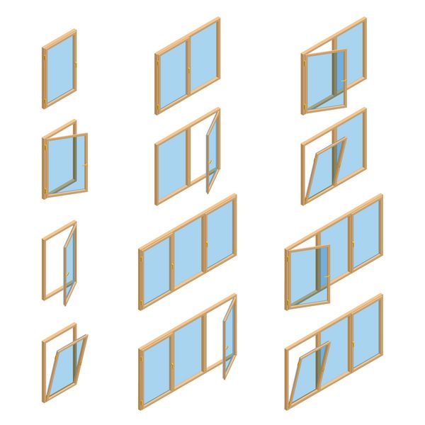 انواع پنجره های مختلف تصویر 3 بعدی ایزومتریک برای اطلاعات و طراحی