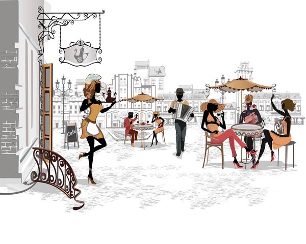 مجموعه ای از خیابان ها با مردم در شهر قدیمی خدمتکاران جدول ها را خدمت می کنند کافه خیابانی نوازندگان خیابانی