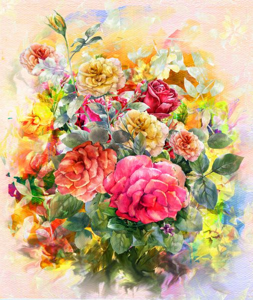 دسته گل های رنگارنگ نقاشی با گل رز آبی رنگ در پس زمینه های رنگی