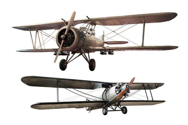 مجموعه ای از هواپیمای باستانی فولاد قدیمی جدا شده بر روی زمینه سفید