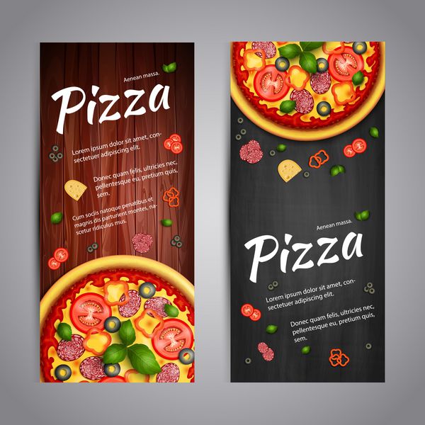پیتزا فروشی واقع گرایانه فستیوال پس زمینه دو آگهی پیتزا عمودی با مواد و متن در پس زمینه های چوبی و تخته سیاه
