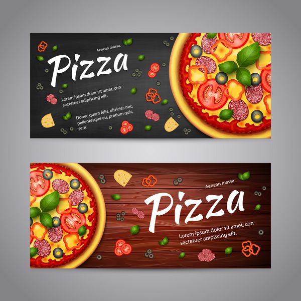 پیتزا فروشی واقع گرایانه فستیوال پس زمینه دو آگهی پیتزا افقی با مواد و متن در پس زمینه های چوبی و تخته سیاه