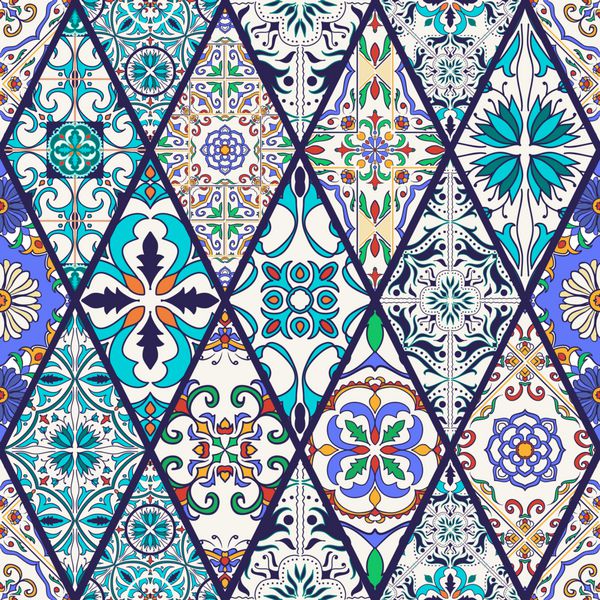 بردار بدون درز بافت الگوی زیبا مگا پچکور برای طراحی و مد با عناصر تزئینی کاشی های پرتغال Azulejo Talavera زیور آلات مراکش در رامبوس