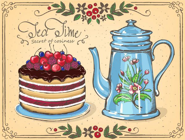 تصویر چای زمان با کیک توت و قوری قاب گل زیبا نقاشی آزاد طرح کارت الهام برای جشن تولد حزب چای