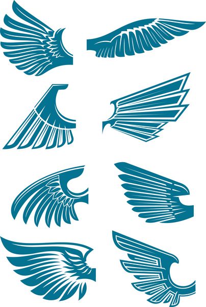 آیکون بال های پرنده برای استفاده از نماد هرالدیک یا استفاده از طراحی با آیکون های آبی قرون وسطایی آبی از عقاب صخره ها یا بال های افقی
