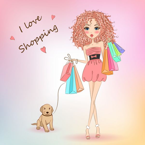 دختر زیبا و شیرین موی فرفری با کیسه های خرید و یک سگ