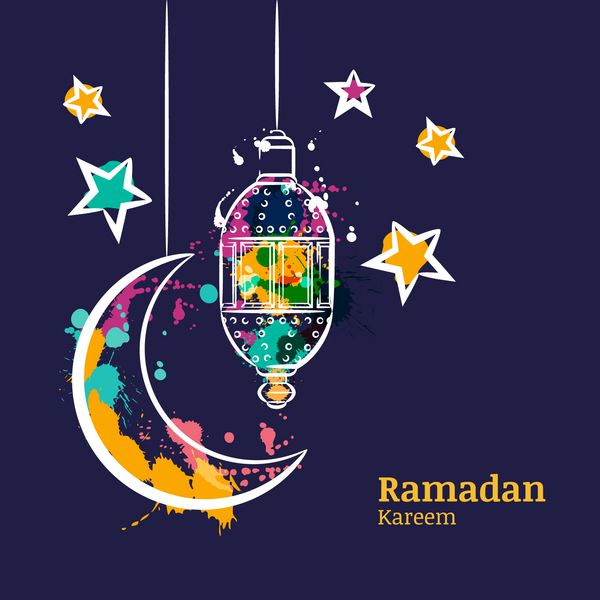 کارت تبریک ماه مبارک رمضان با فانوس آکواریک سنتی ماه و ستاره ها در آسمان شب پس زمینه دکوراسیون آبرنگ ماه مبارک رمضان Kareem طراحی بردار برای تعطیلات مسلمان