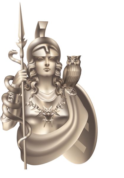 نسخهٔ شطرنجی الهه آتنا با مار و جغد در یک پس زمینه سفید