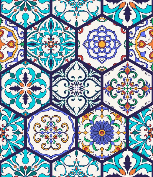 بافت برداری بدون درز الگوی گریخته مگا زیبا برای طراحی و مد با عناصر تزئینی پرتغالی Azulejo Talavera زیور آلات مراکش در شکل شش ضلعی کاشی