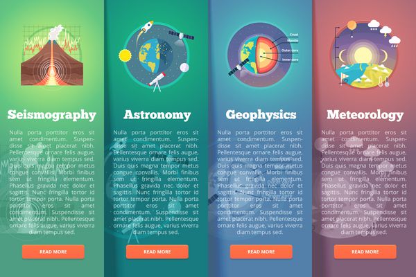 مجموعه بنرهای علوم سیاره زمین لرزه نگاری ستاره شناسی ژئوفیزیک هواشناسی مفاهیم طرح عمودی آموزش و پرورش و علم سبک مدرن تخت