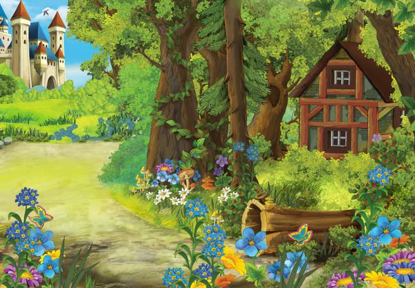 صحنه طبیعت کارتون با خانه قدیمی در جنگل و قلعه در پس زمینه تصویر برای کودکان