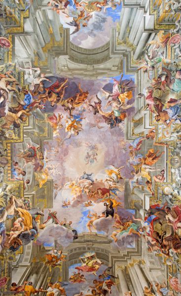 رم ایتالیا 10 مارس 2016 قسمت مرکزی نقاشی دیواری باروک Apotheosis سنت ایگناسیوس توسط jesuit frater Andrea Pozzo 1685 در کلیسای Chiesa di SantIgnazio دی Loyola