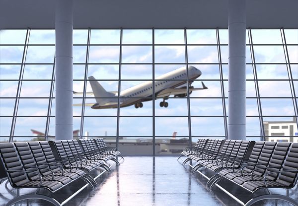 فرودگاه ترمینال داخلی با ردیف صندلی های خالی مشاهده شهر و مسافرت با هواپیما اجرای سه بعدی