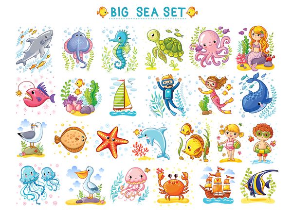 دریایی بزرگ مجموعه ای از تصویر برداری در تم دریایی مجموعه حیوانات دریایی در سبک کارتون تصاویر تابستان گرمسیری تصویر زندگی دریا