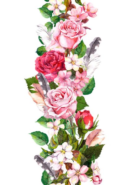 مرز گل با گل سیب یا آلبالو ساکورا شکوفه گل رز و پر آبرنگ از قاب های بدون درز در سبک boho