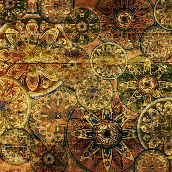 فهرست هنر تلطیف الگوی گل در پس زمینه چوب در رنگ های قدیمی طلا و قهوه ای و سبز