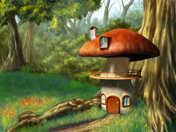 خانه قارچ در جنگل مسحور تصویر سازی دیجیتال